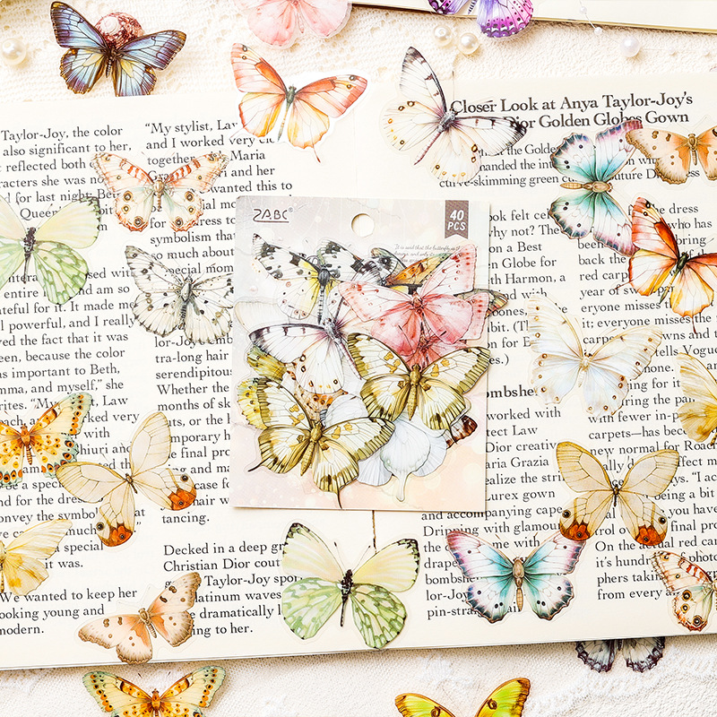 Spring Butterfly Prefacio Serie Acuarela Simulación Butterfly Pet Pegatinas impermeables Paquete de papel Libro de bricolaje Decoración Diario Material Collage