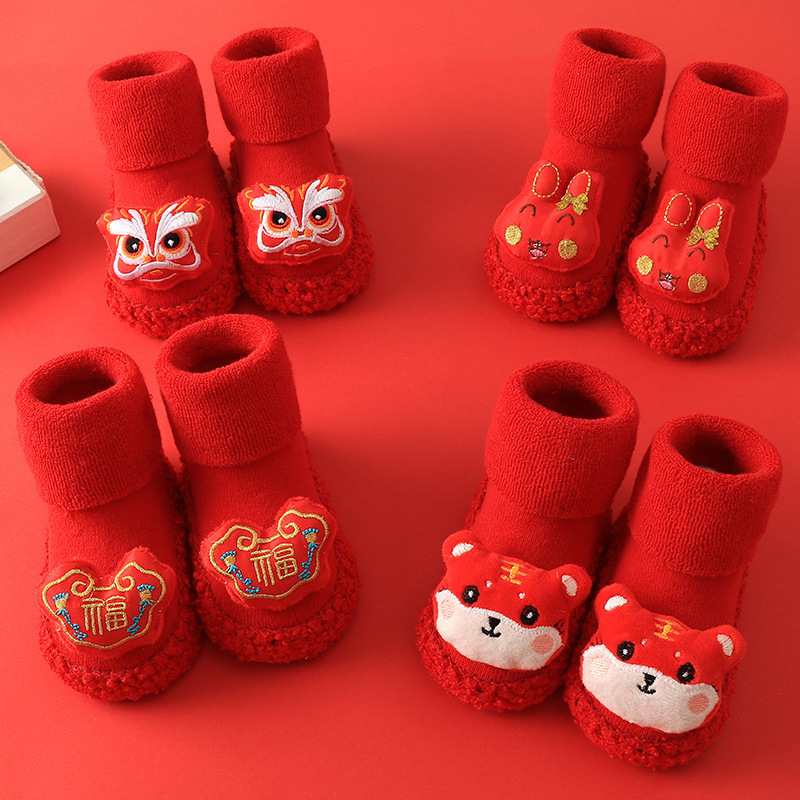 [Baby trip] Newborn Baby toddler shoes socks soft bottom autumn and winter thickened non-slip full moon 100 days big red socks