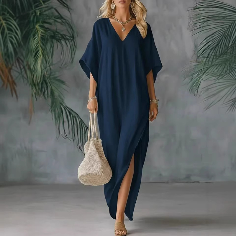 In-Stock 2026 Linen Thin Dress Amazon Cross-Border Foreign Trade European and American Women's Fashion New Summer V-Neck Loose Fit In-Stock 2026 Linen Thin Dress Amazon Cross-Border Foreign Trade European and American Women's Fashion New Summer V-Neck Loose Fit