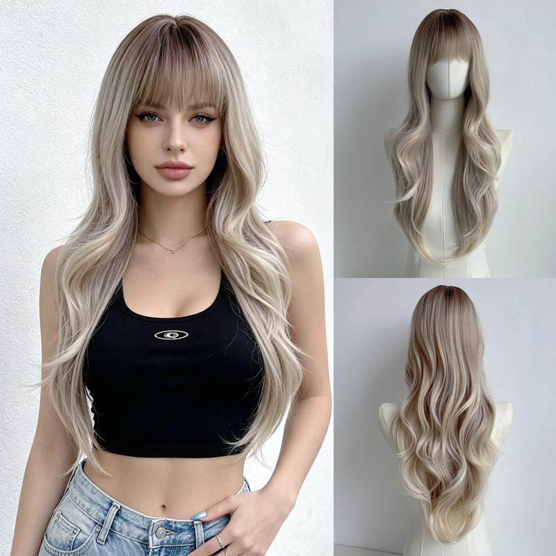 New Foreign Trade Gradient Long Curly Wig for Women with Natural Bangs, Synthetic Fiber Body Wave Wigs in European and American Style New Foreign Trade Gradient Long Curly Wig for Women with Natural Bangs, Synthetic Fiber Body Wave Wigs in European and American Style