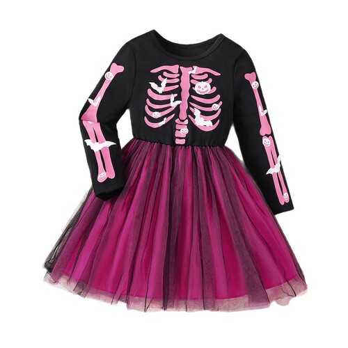 EW Kids' Clothing — Spring/ Autumn Long-Sleeved Patchwork Mesh Dress for Young Girls, Q1475-C