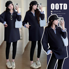 孕妇藏青色套装春秋季潮妈新款翻领韩版宽松遮肚中长款卫衣两件套