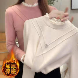 双面德绒保暖上衣女半高领花边打底衫女秋冬休闲内搭t恤长袖女装