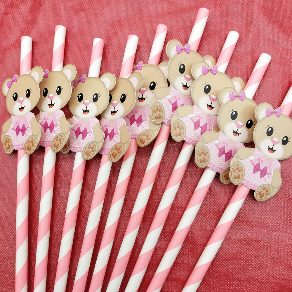 Oso Tarjeta de paja de papel decoración desechable degradable fiesta creativa paja postre leche té bebida paja