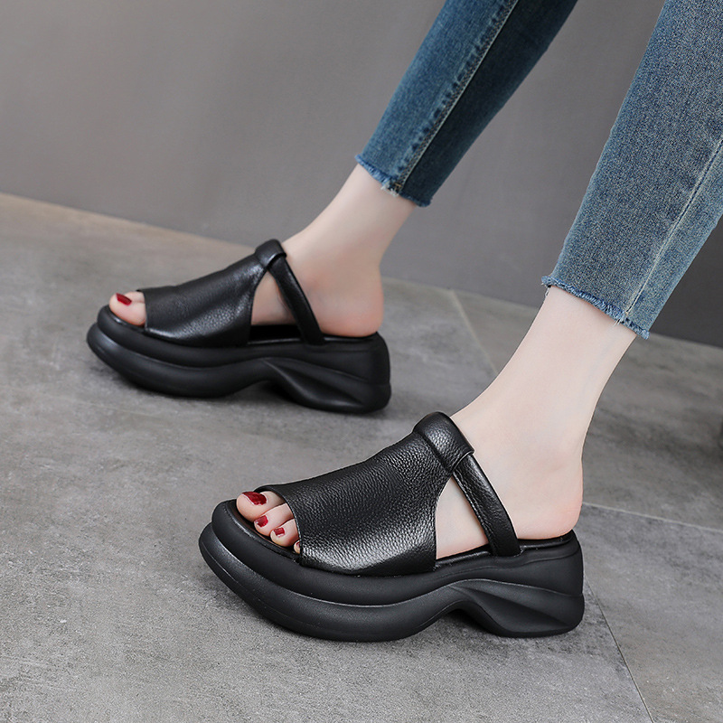 Dép sandal nữ quai ngang da bò thật đế mềm đi biển phong cách cổ điển — Màu nâu