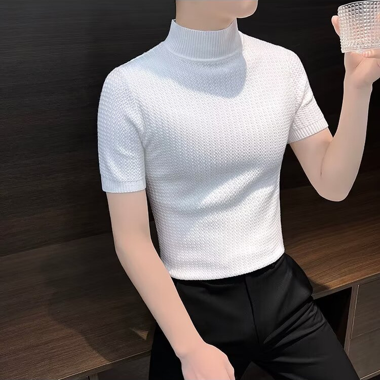 남성용 미드 하이 칼라 반팔 티셔츠 봄과 여름 2025 새로운 하이 엔드 센스 이너 슬림 핏 니트베이스 셔츠