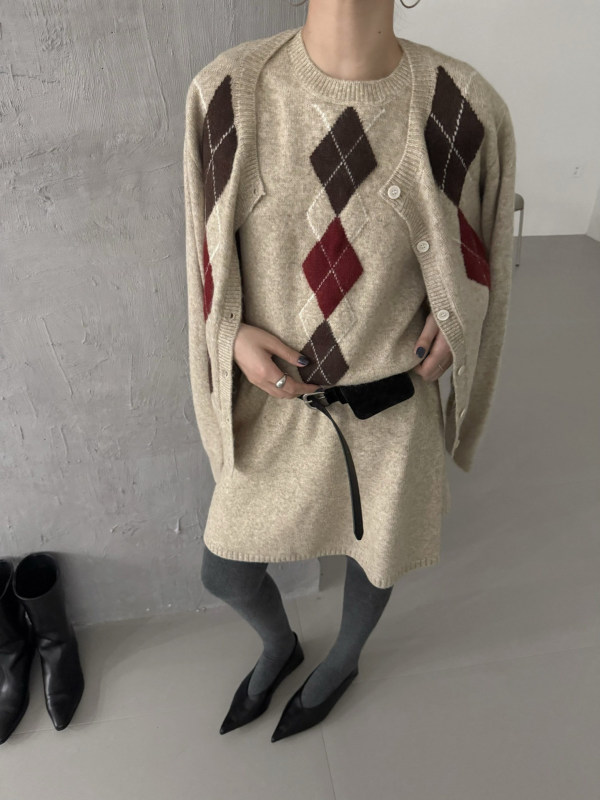 时尚休闲菱形提花针织衫套装女2025圆领毛衣开衫马甲+半裙三件套|undefined