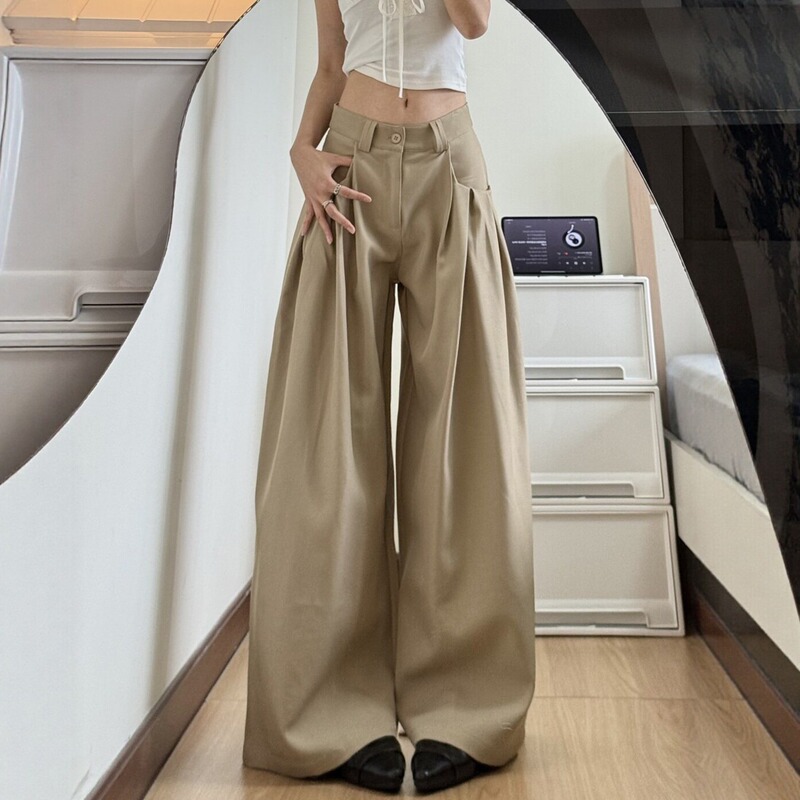 Casual Khaki Drapey Wide-Leg Pants for Women, New Design with Pleats, Loose High-Waisted Versatile Suit Trousers Casual Khaki Drapey Wide-Leg Pants for Women, New Design with Pleats, Loose High-Waisted Versatile Suit Trousers
