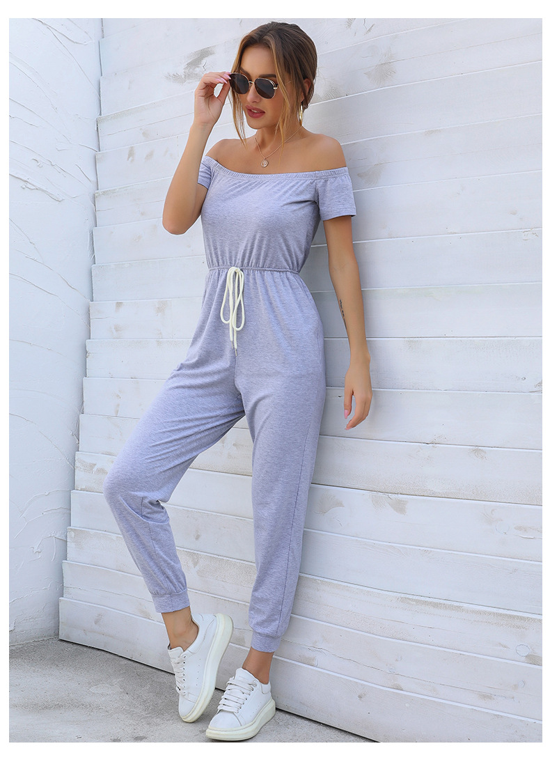 summer new one-shoulder strapless short-sleeved lace-up solid color jumpsuit NSYYF61465