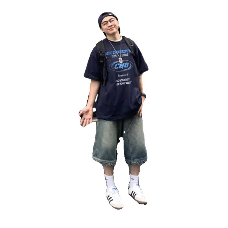 Vintage americano callejera lavado con agua jeans cortos hombres y mujeres relajados casuales rectos de piernas anchas marca de moda pantalones de siete puntos
