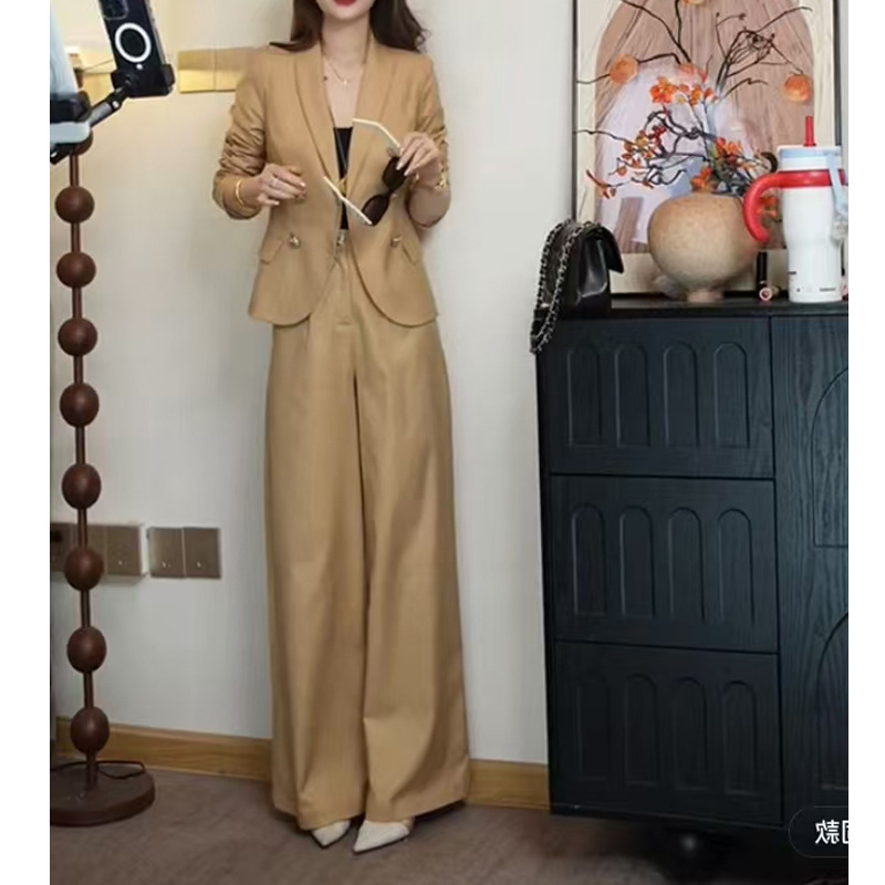 GraceChic Elegant Women's Outfit 2025 New Spring Fashion Wide-Leg Pants Two-Piece Long Sleeve Blazer Set_voghion.com