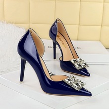 638-K58 style banquet women's shoes, super high heels, thin heels, patent leather, shallow mouth, pointed square rhinestone buckle, single shoe for women