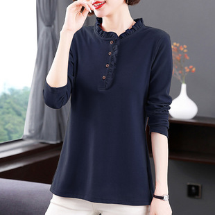 Plus Size Long-Sleeved Shirt 2025 Autumn and Winter New Women's Fungus Collar Mother's Loose Stand-Up Collar Foreign Style Top Bottoming Shirt