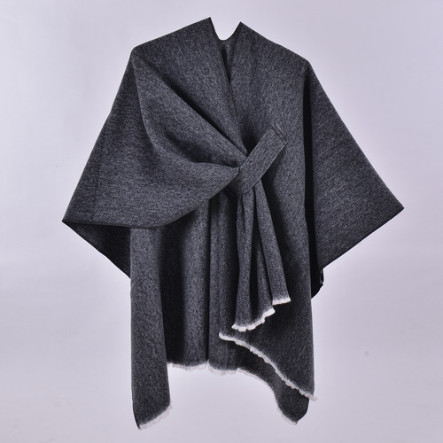 In-stock solid-color fashion knitted shawl—European and American-style foreign trade plain-colored cape with slit and stripe detail, perfect for autumn and winter as a warm outerwear scarf.