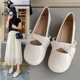 Mary Jane Shoes for Women 2025 Spring and Summer New Versatile Shallow Flat Shoes with Skirts, Small Fragrant Style Flats, Soft Sole Bean Shoes