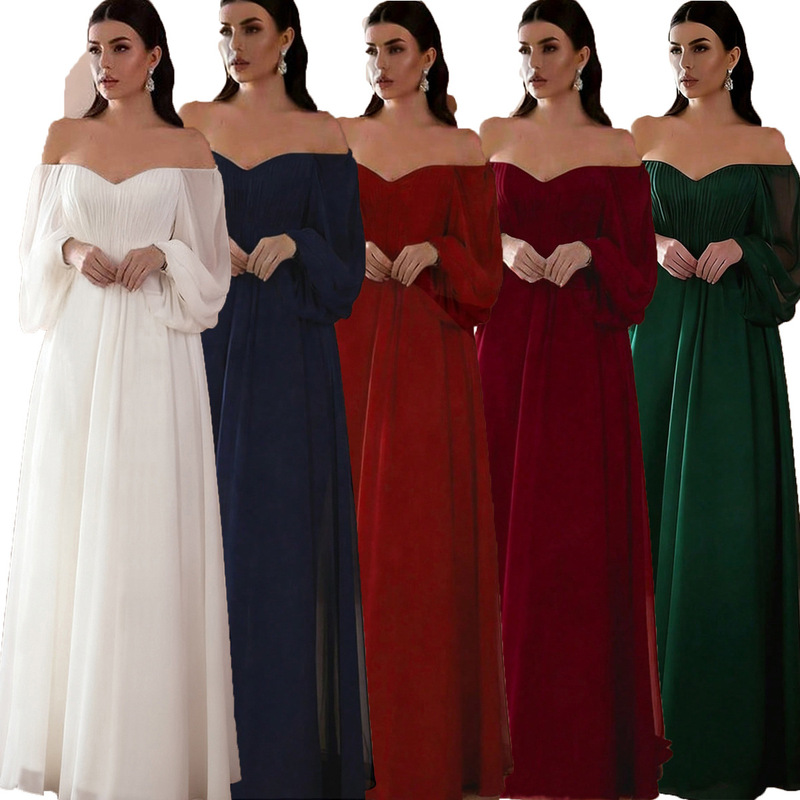 European and American foreign trade new women's clothing Amazon new one-word collar wedding party long sleeve dress solid color chiffon dress