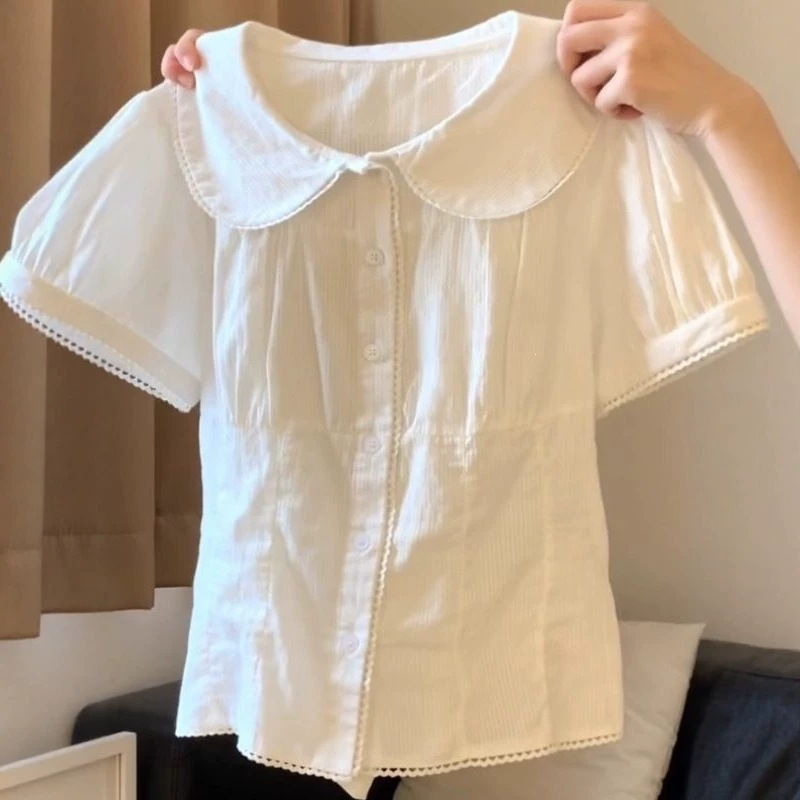 Summer new slim-fit waist-cinching top, plus size for plus-size women, Korean sweet style, puff sleeves, doll collar, white trendy shirt Summer new slim-fit waist-cinching top, plus size for plus-size women, Korean sweet style, puff sleeves, doll collar, white trendy shirt