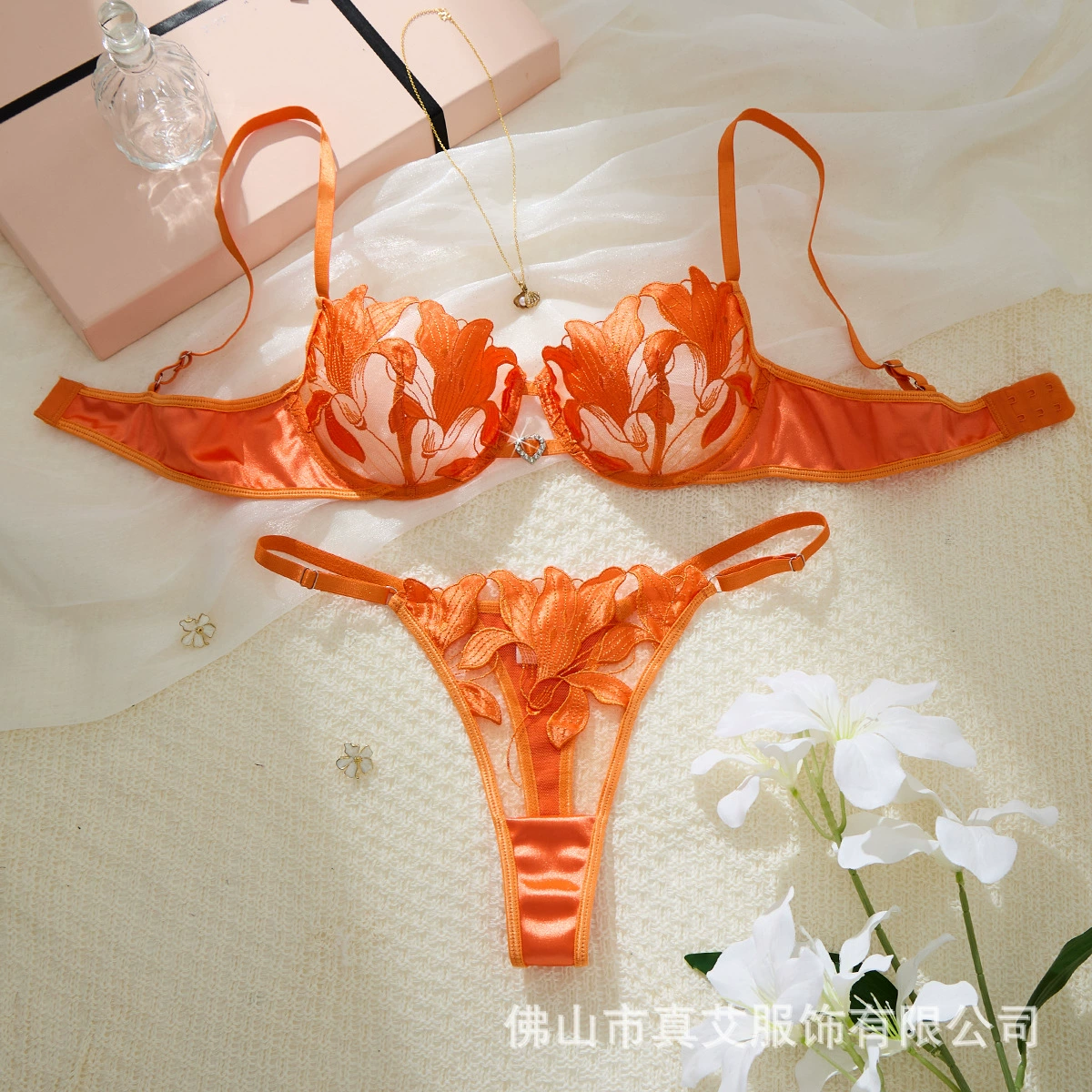 Панчло Lace Embroidered Bra & Thong Set, Floral Design, Women's Sexy Lingerie, Sizes S–XL