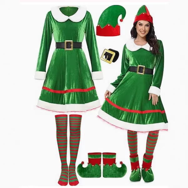 Women's Christmas Elf Costume suit Velvet dress Belt Striped Over-the-Knee High Stockings Elf Hat Character
