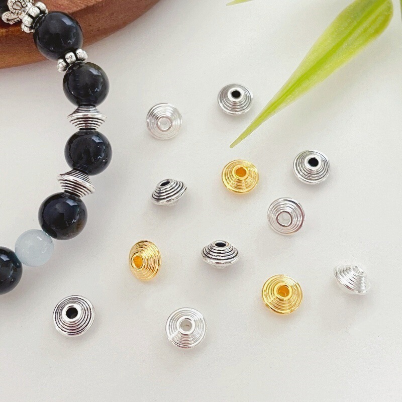 Alloy Xizang Silver Striped Ufo-Shaped Spacer Beads Flat Beads DIY Bracelet Necklace Beads Buddhist Beads Decorative Accessories