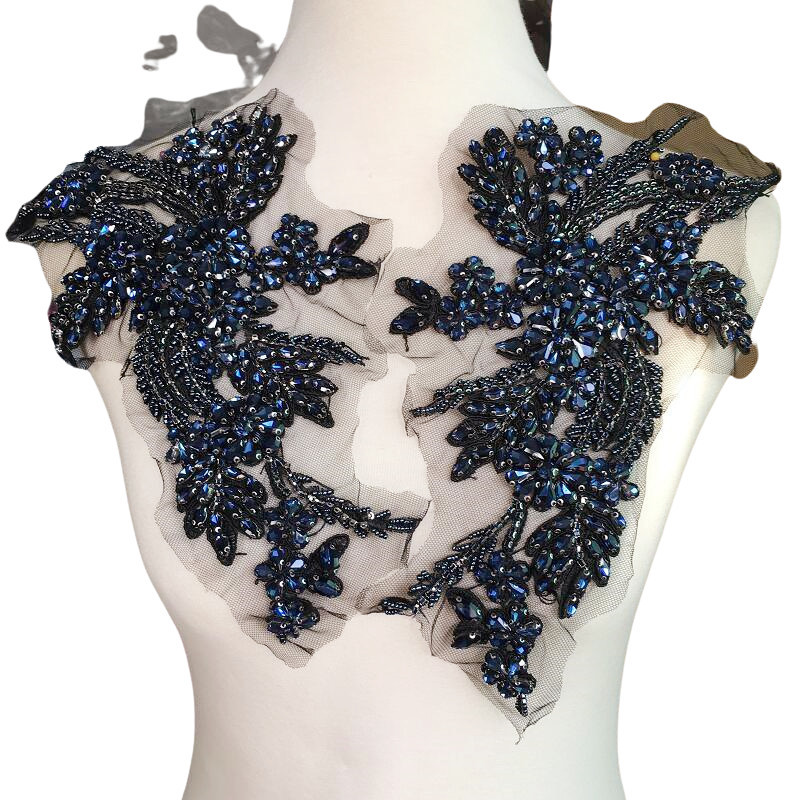 深蓝色重工玻璃钻钉珠大花片DIY旗袍女士外套大衣装饰手缝珠花钻