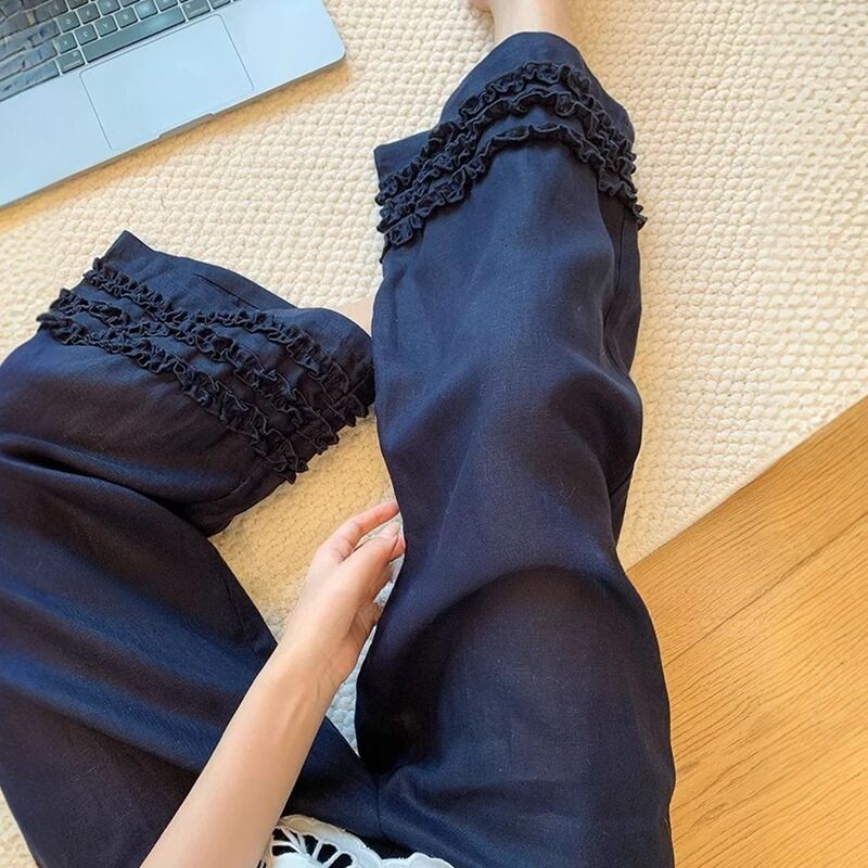 藏青色木耳边拼接棉麻阔腿裤女2025夏季新款复古休闲显瘦直筒裤子|undefined