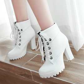 白色英伦风系带马丁靴20靴子粗跟高跟短靴女单靴冬季保暖棉女靴