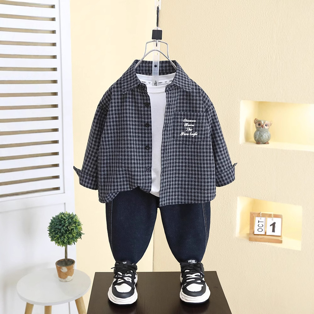 7792 Camisa a cuadros de primavera para niños 2025 Nuevo estilo de primavera y otoño para niños Camisa de manga larga de estilo occidental para niños pequeños