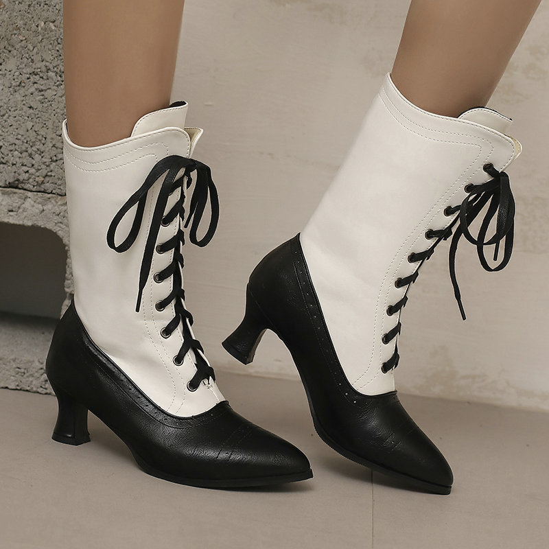 Women's Mid-Calf Boots Autumn and Winter Retro British Style Pointed Toe Thick Heel Medium Heel Front Lace-Up Women's Over-The-Knee Boots High Boots