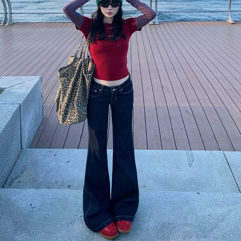 American-Style Dark Blue Flared Jeans for Women, 2025 Autumn and Winter New Denim Blue Low-Waist Loose Wide-Leg Pants American-Style Dark Blue Flared Jeans for Women, 2025 Autumn and Winter New Denim Blue Low-Waist Loose Wide-Leg Pants