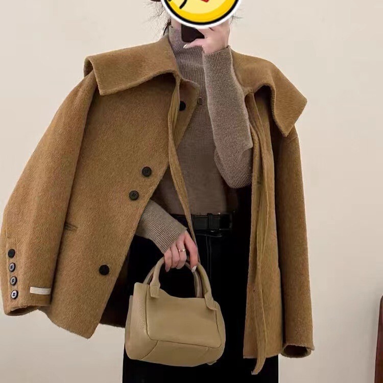 Popular online celebrity 2024 new double-sided wool coat women's short navy collar woolen coat in stock