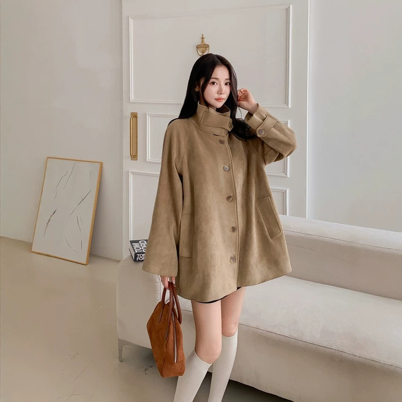 Korean chic autumn/winter retro stand-collar suede loose A-line cape jacket, mid-length coat for women Korean chic autumn/winter retro stand-collar suede loose A-line cape jacket, mid-length coat for women