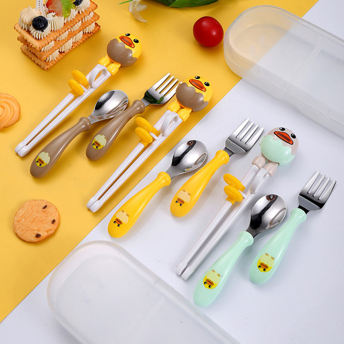创意304不锈钢宝宝喂养勺子叉子 可爱儿童训练筷学习餐具便携套装