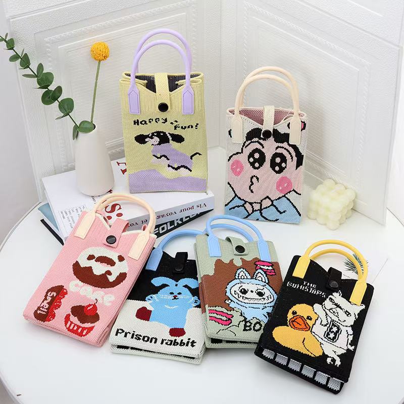 通勤必备卡通针织手机包多巴胺配色手提包小众单肩斜挎包女百搭