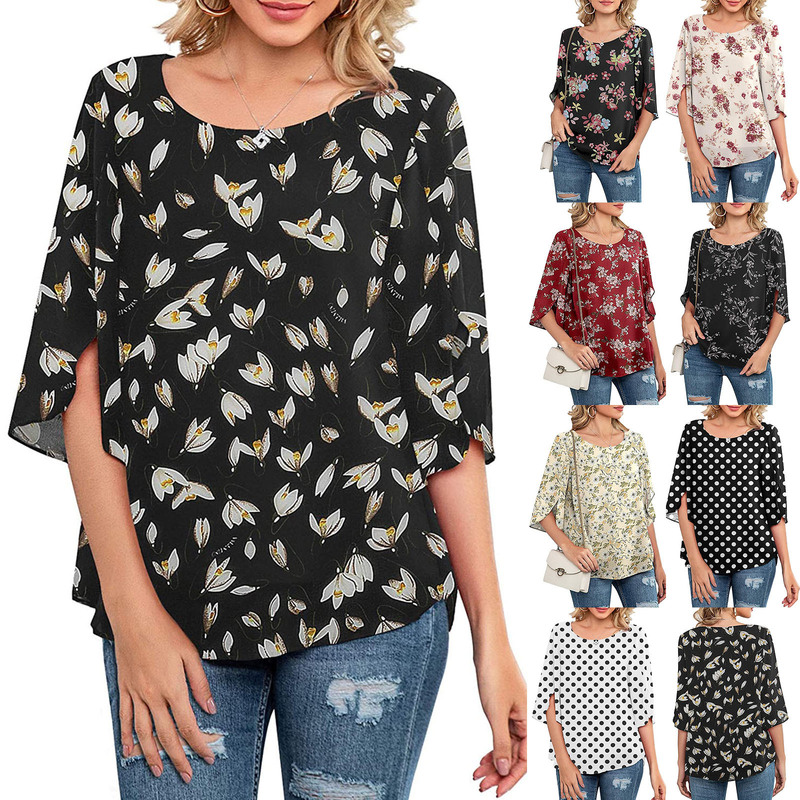 Amazon Independent Website Women's Casual Low Round Neck Loose Top 3/4 Sleeve Elegant Printed Shirt Women's Top