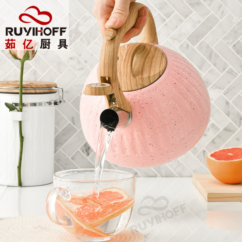 Bota de agua rosa transfronteriza de acero inoxidable con patrón de gota, té, café, olla de sirena europea y americana, olla de silbato de cocina de 3L