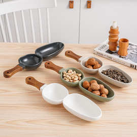 极简系列 高温哑光磨砂创意陶瓷餐具二格碗相思木把手陶瓷碗家用