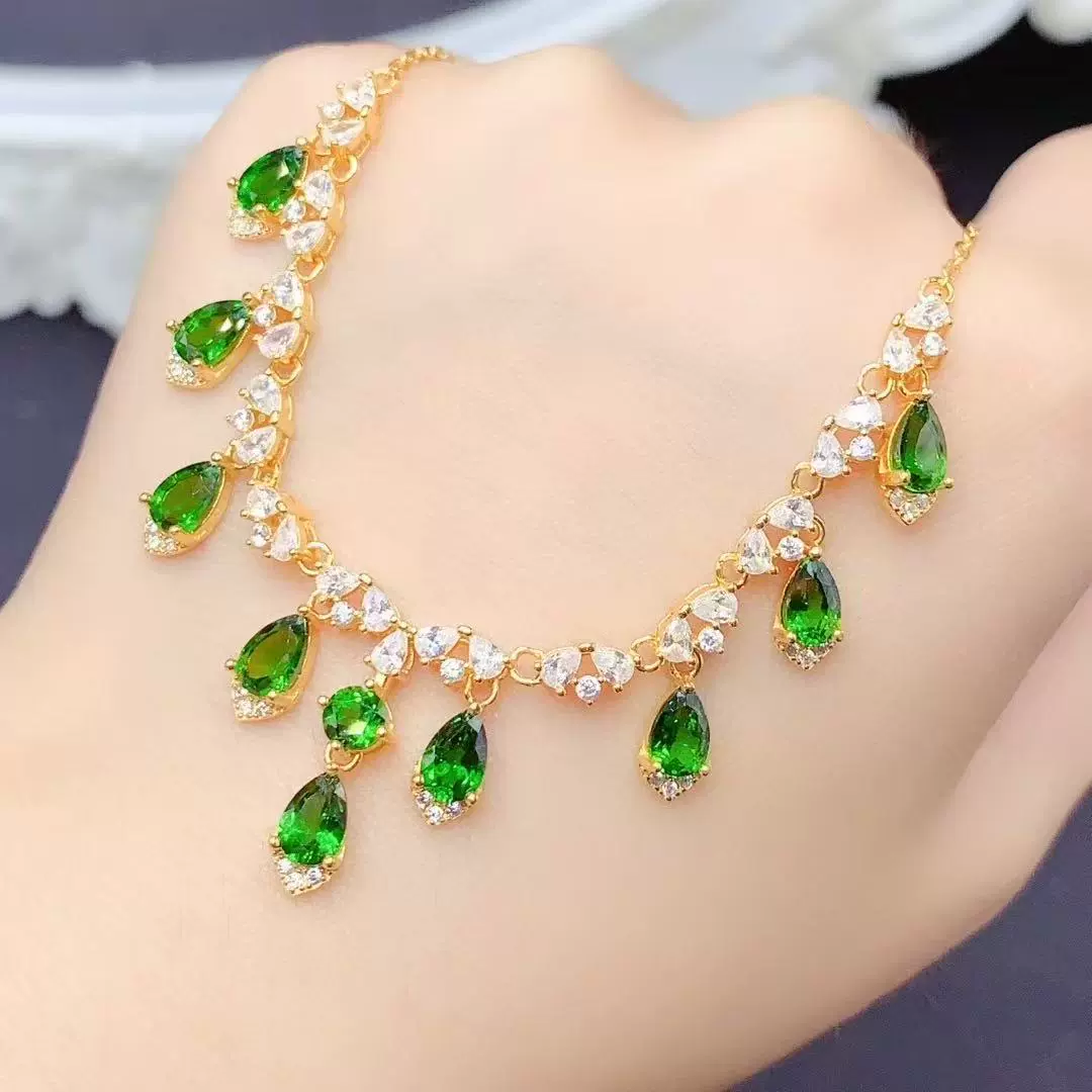 天然碧玺 透辉石项链s925银镶嵌款式设计满钻豪镶贵气十足饰品女