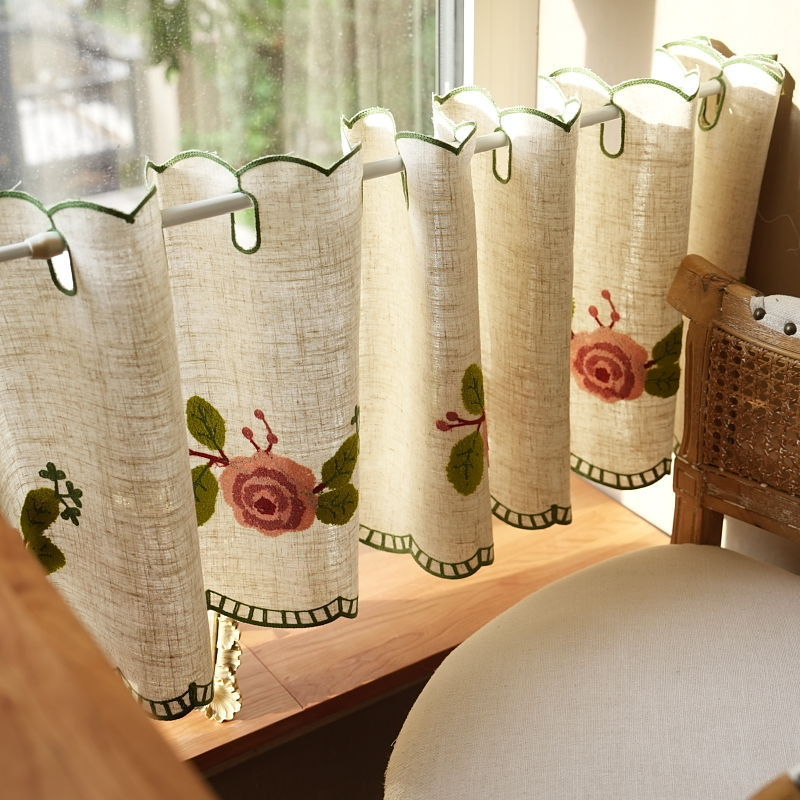 Three-Dimensional Rose Embroidery Coffee Curtain Half Curtain Short Curtain Finished Kitchen Bay Window Display Window Small Curtain Cabinet Curtain No Drilling Required