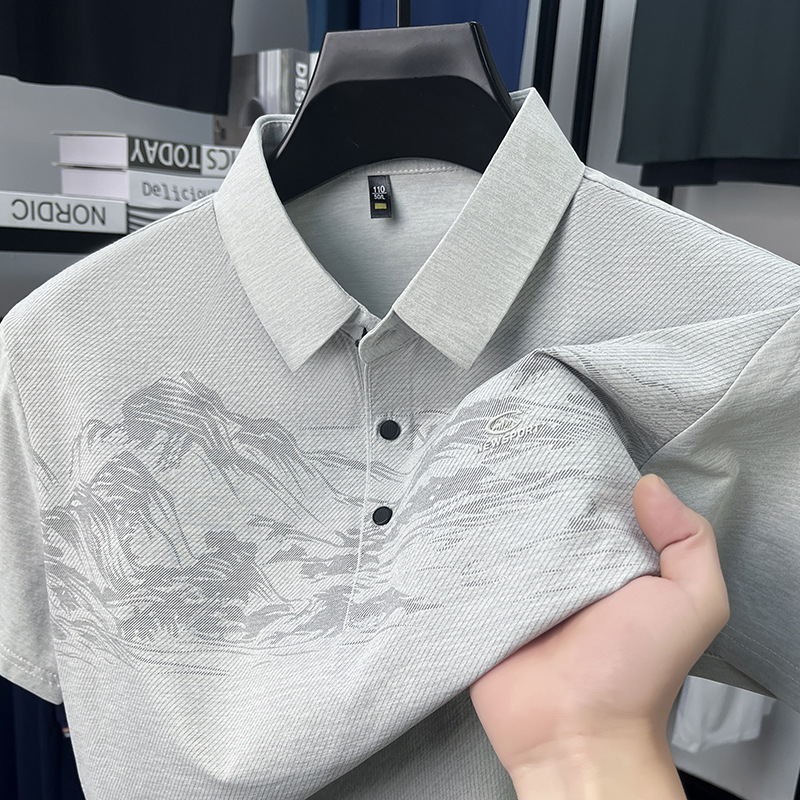 夏の新アイスシルクポロシャツ半袖メンズ tシャツ国民風トレンドファッションラペル薄型ルーズメンズ tシャツ|undefined