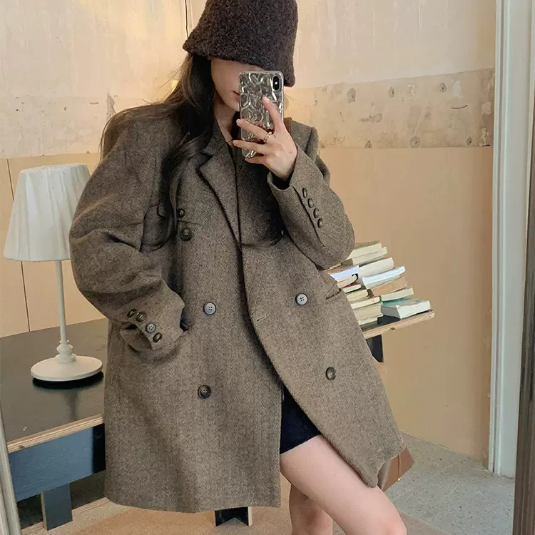 爆款】复古咖色人字呢西服上衣女冬宽松毛呢时尚百搭显瘦西装外套
