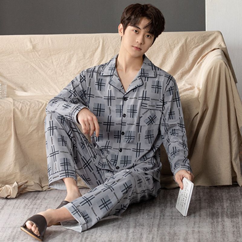 Pijamas de algodón de los hombres de primavera y verano Pantalones delgados de manga corta cardigan niños pueden usar fuera más tamaño homewear de verano