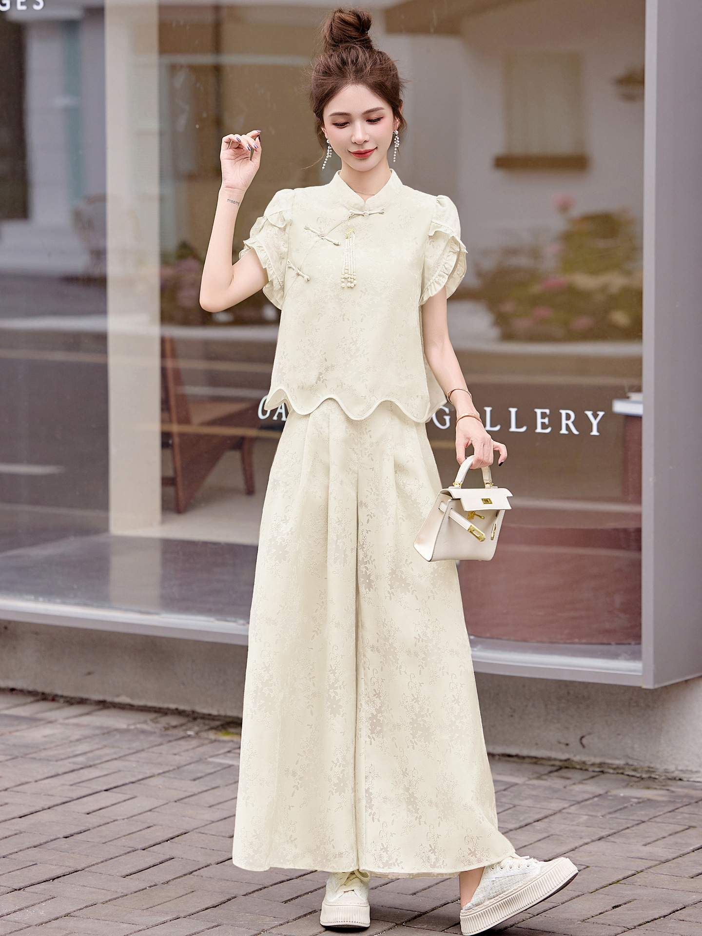 Bộ váy hai mảnh tay ngắn phong cách Trung Hoa cổ điển họa tiết jacquard mùa hè 2025 — Màu vàng be, Màu xanh lá
