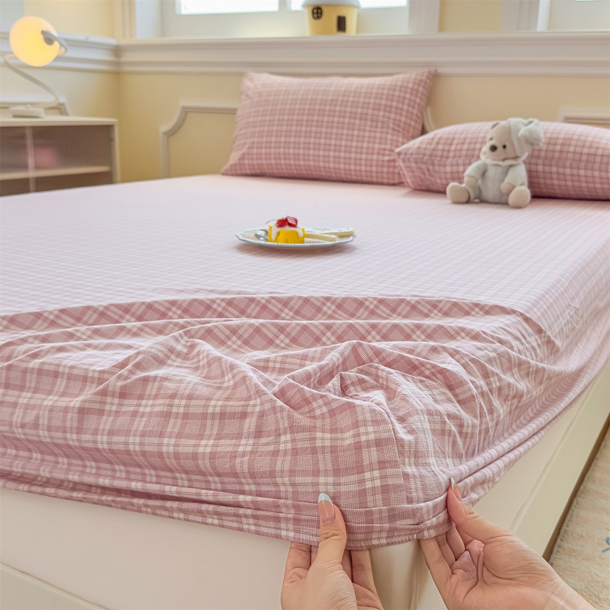 100% de algodón teñido de algodón lavado con agua una sola cama de tres piezas con estera protectora, cubierta de cubierta sucia para estudiantes