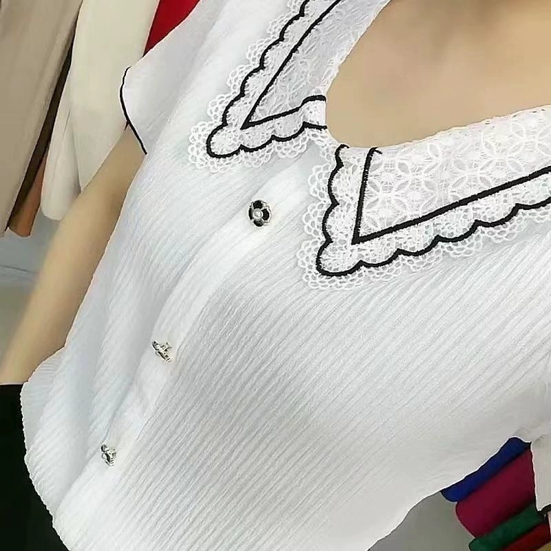 Новый стиль, кукольный воротник, плиссированная рубашка с короткими рукавами для похудения, закрывающая живот, кружевная шифоновая рубашка, рубашка большого размера, солнцезащитная рубашка