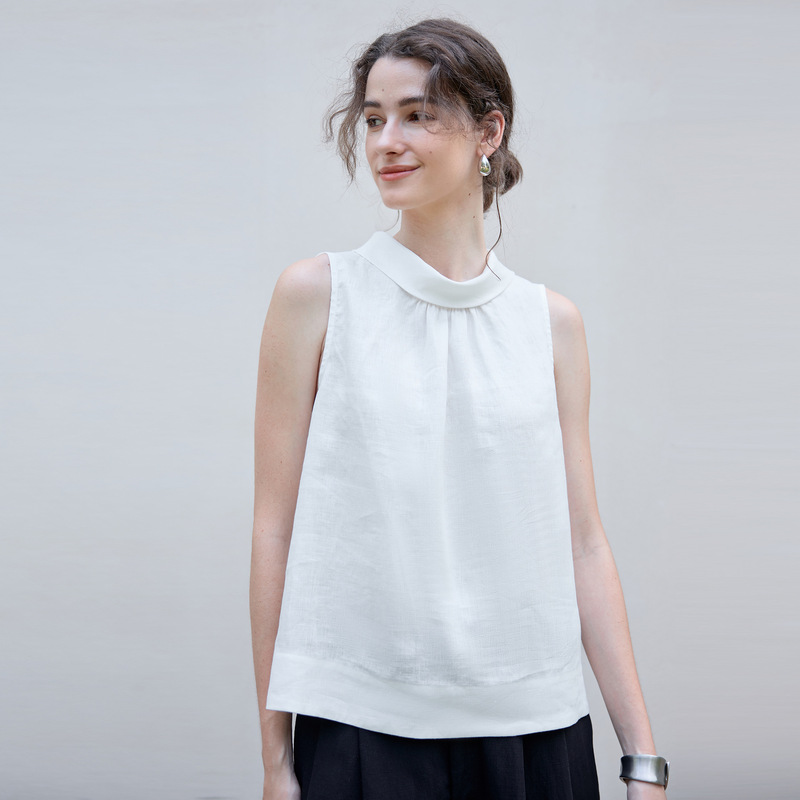 High-Quality 21-Count Pure Linen Women's Vest with a Stylish Design, New Summer Style with a Turn-Down Collar, Sleeveless Design, A-Line Hem Top