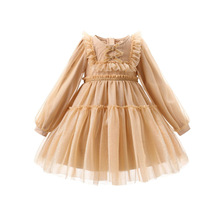 【活动特价5折】女童连衣裙秋冬长袖洋装香槟金礼服纱裙公主裙批