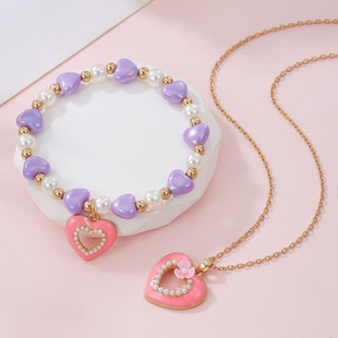 Cross-border children's cute pink oil drop love pendant necklace bracelet suit purple acrylic beaded hand