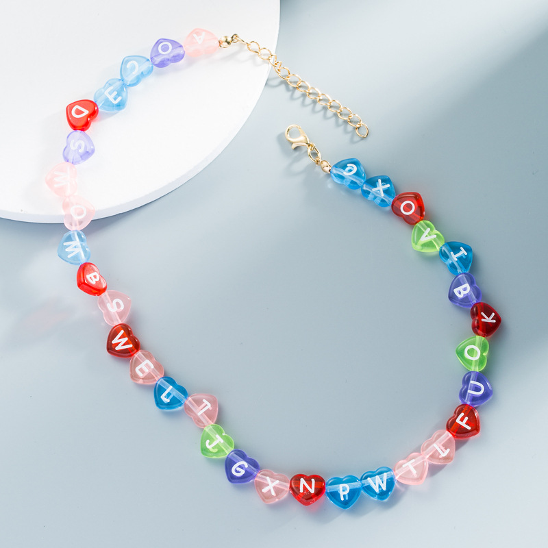 English Alphabet Macaron Mixed Color Heart-shaped Resin Handmade Beaded Necklace Clavicle Chain display picture 3