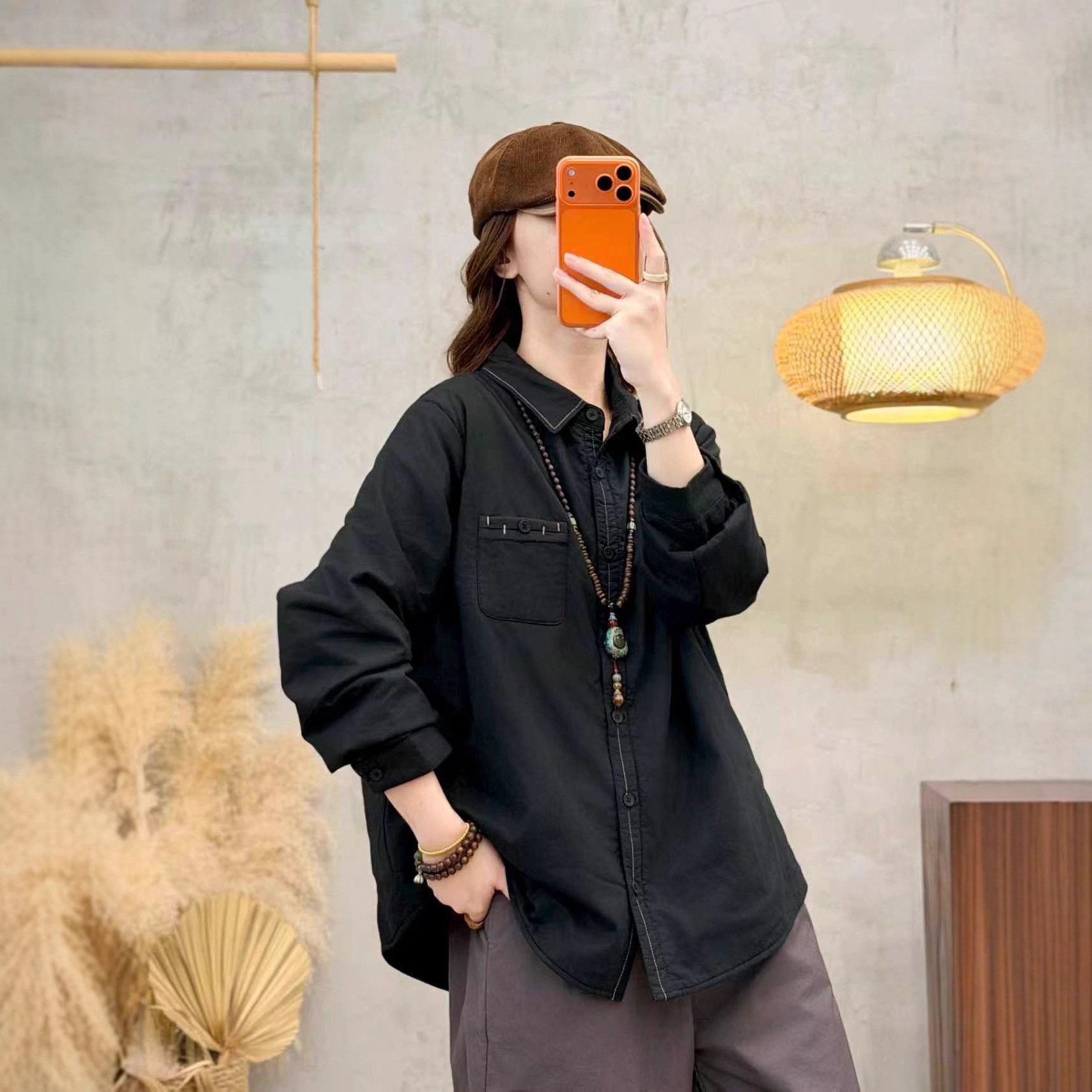 加棉衬衫女 2025冬新款韩版宽松休闲翻领单排扣纯色轻薄棉衣外套